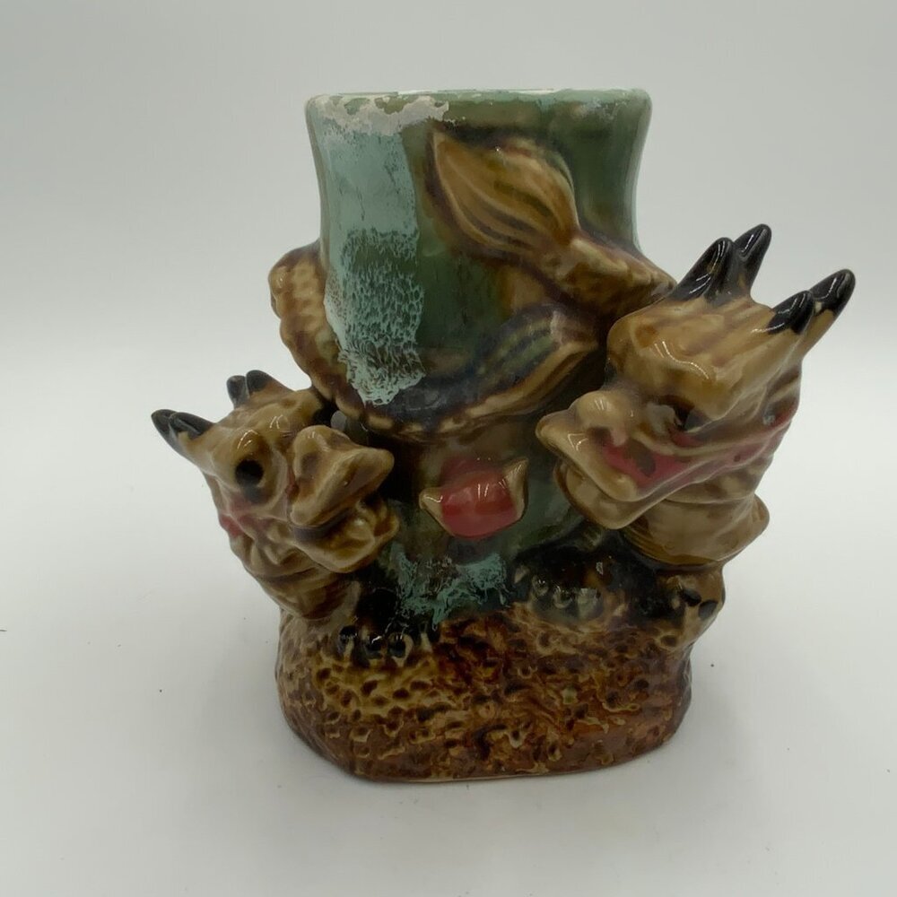Majolica Style Green Drip Glaze Vase With 2 Dragons Spiraling Around the Vase